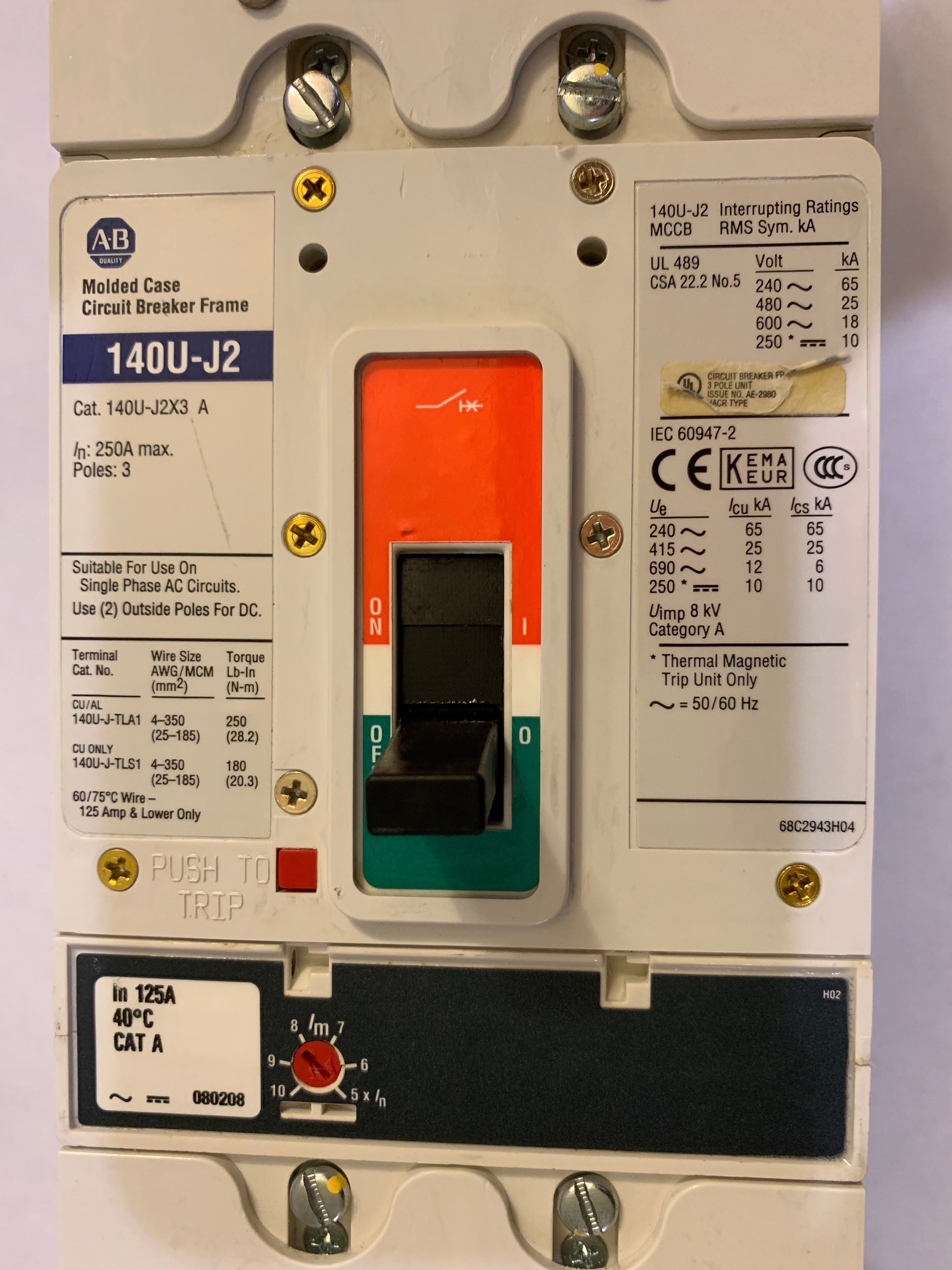 Allen-Bradley 140U-J2 250 Circuit Breaker Amp 3 Pole