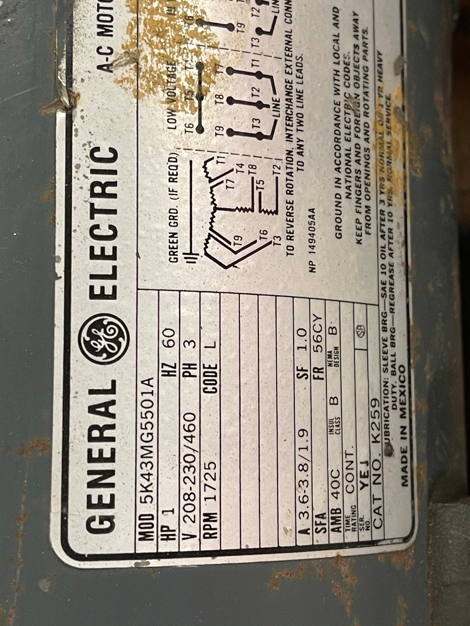GE 5K43MG5501A 1 HP 1725 RPM Motor