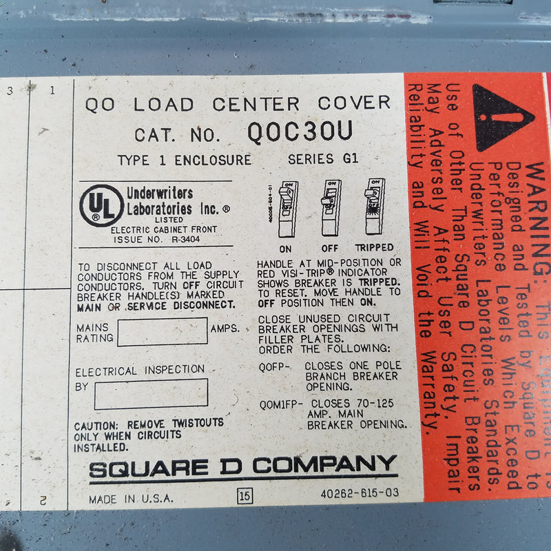 Square D QOC30U QO Load Center Cover