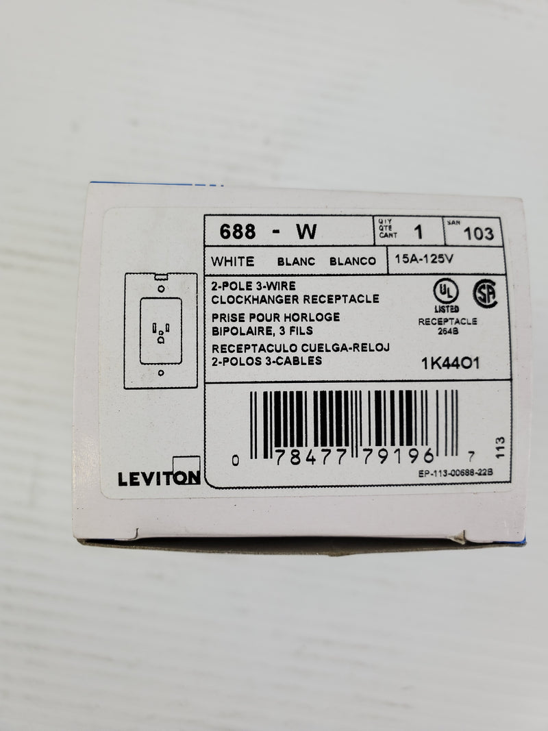 Leviton 688-W White 2-Pole 3-Wire Clock Hanger Receptacle 15A-125V