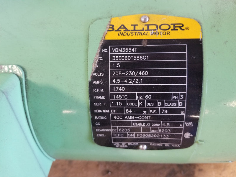 Baldor VBM3554T 1-1/2HP 3 Phase Electric Motor with Stearns Brake 1740 RPM