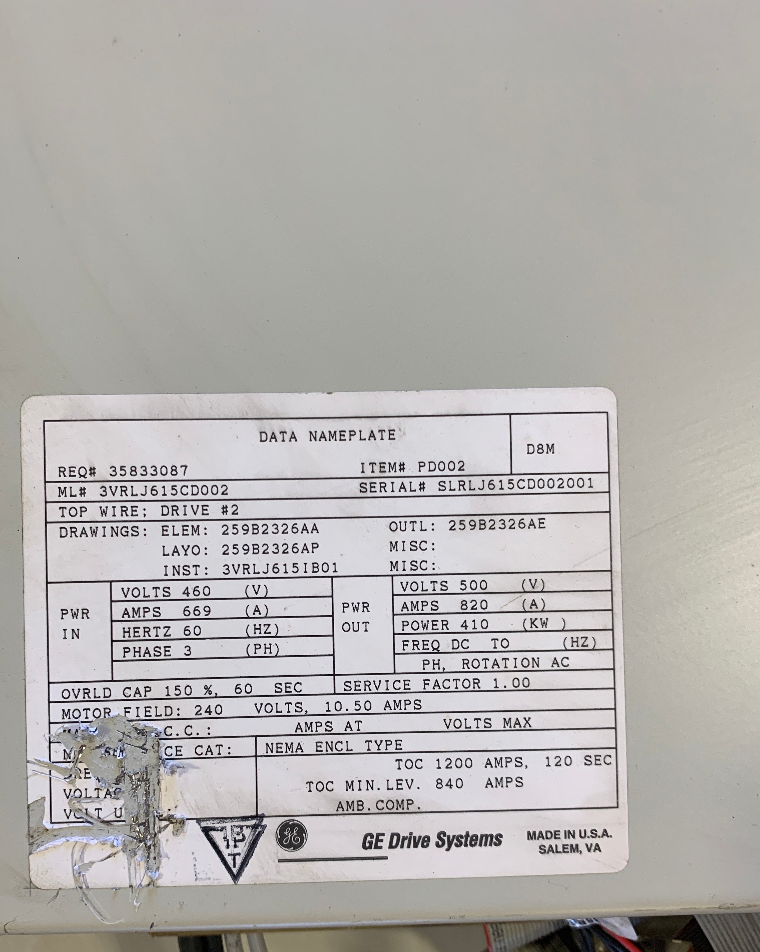 GE 3VRLJ615CD002 Drive Systems - CABINET ONLY