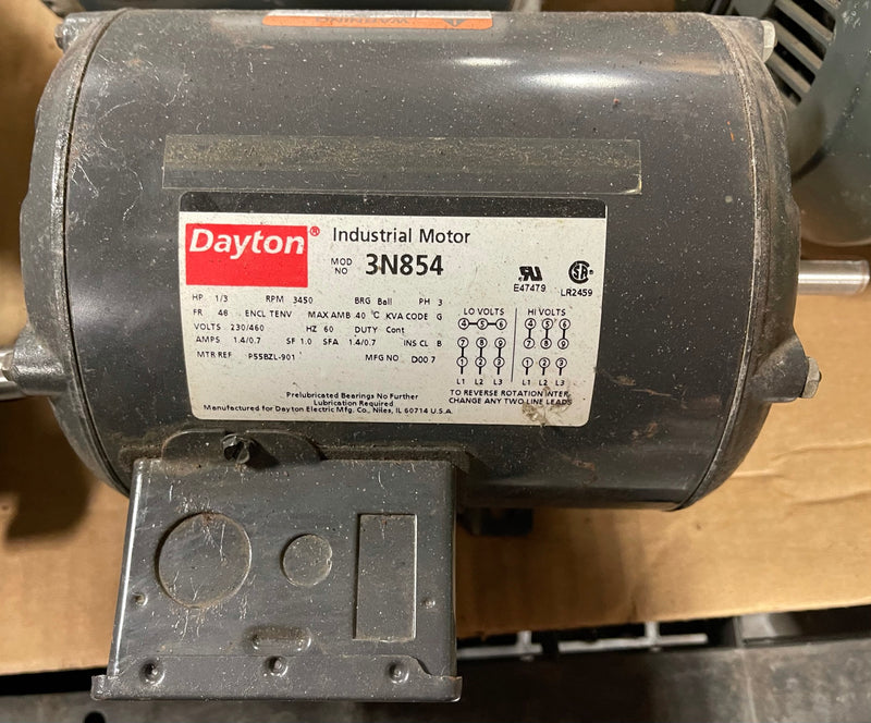 Dayton Industrial Motor 3N854 1/3 HP 3450 RPM 3 Phase Frame 48