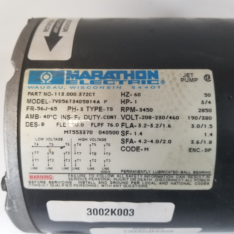 Marathon Electric 7VD56T34D5814A 1HP Pump Motor 3002K003