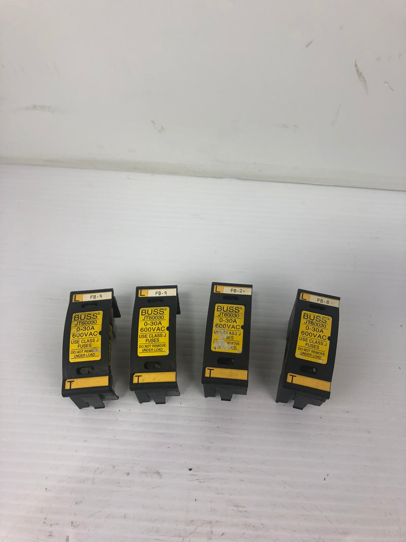 Buss JT60030 Fuse Holder 0-30A 600VAC with Buss Fuses - Lot of 4