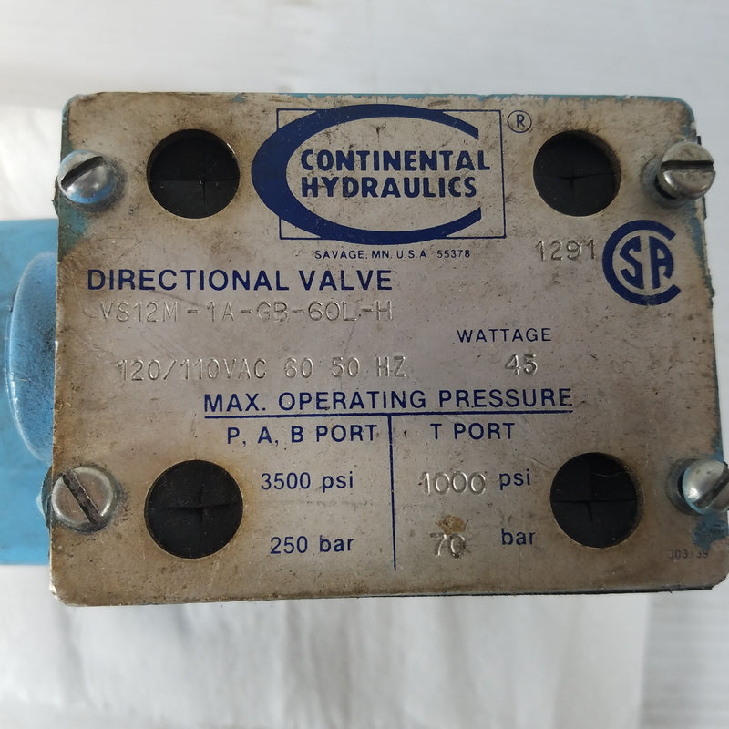 Continental Hydraulics VS12M-1A-GB-60L-H Directional Solenoid Hydraulic Valve