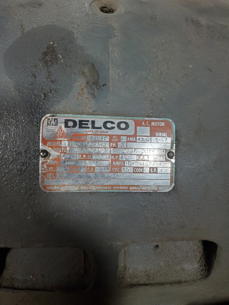 Delco 1B4620CBARQ Electric Motor 40HP 3 Phase 1475 RPM 364USC Frame