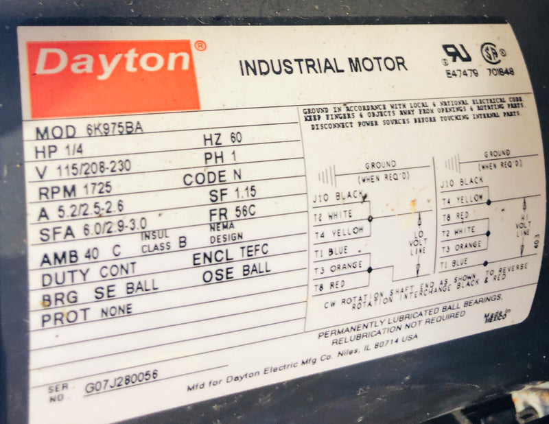 Dayton 6K975BA 1 Phase Capacitor Start Motor 1/4 Horse Power