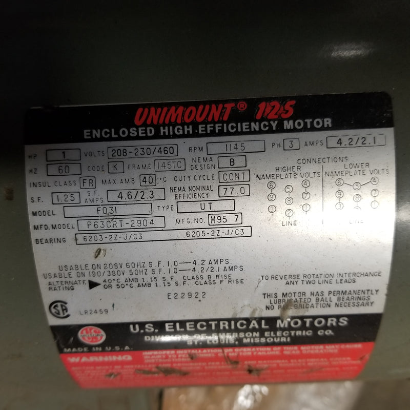 US Motors P63CRT-2904 Unimount 125 3-Phase 1HP Electric Motor