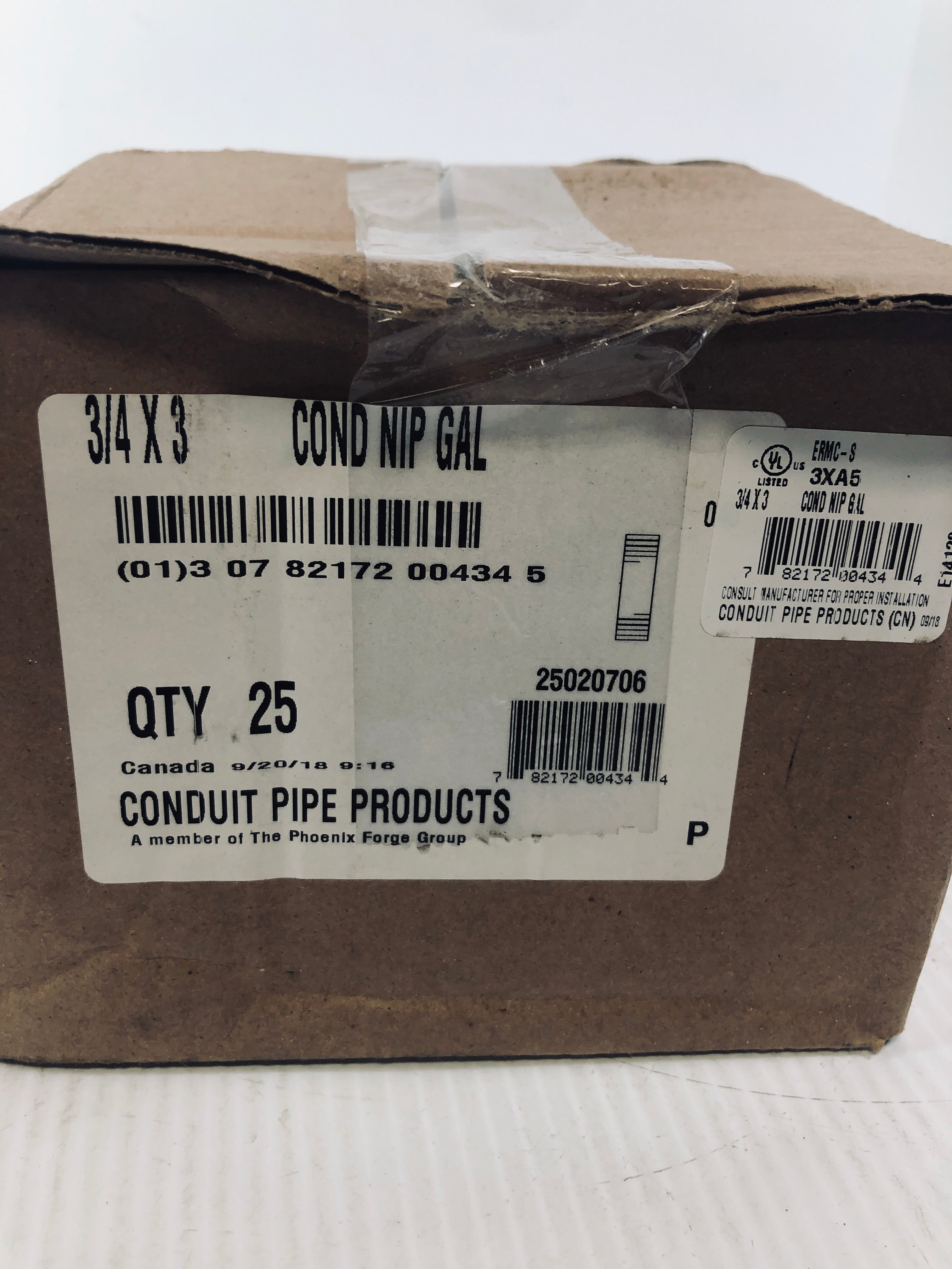 Conduit Pipe Products 25020706 3/4 x 3" Galvanized Nipple Conduit Pipe Box of 25