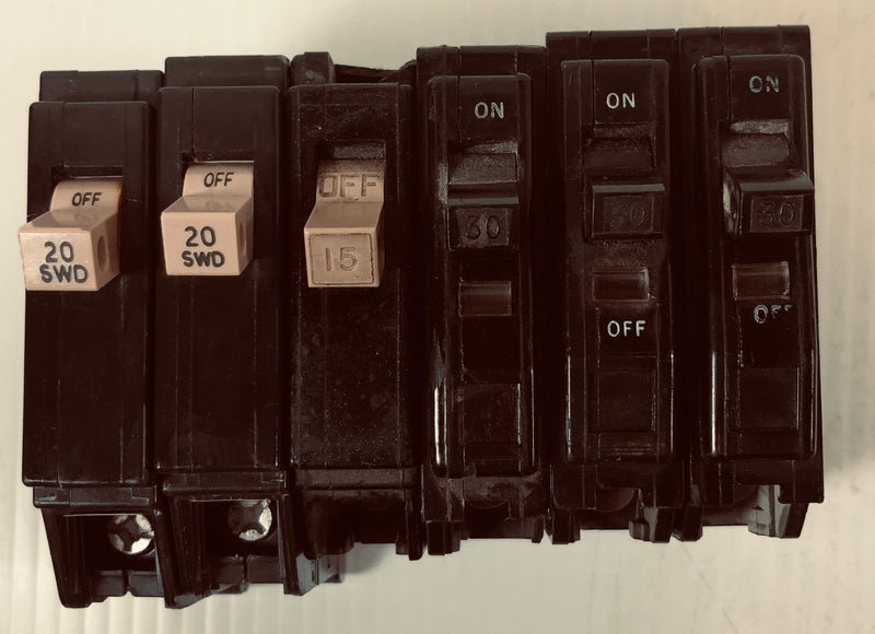 Eaton and Square D One Pole Circuit Breakers 15 Amp 20 Amp 30 Amp (Lot of 6)