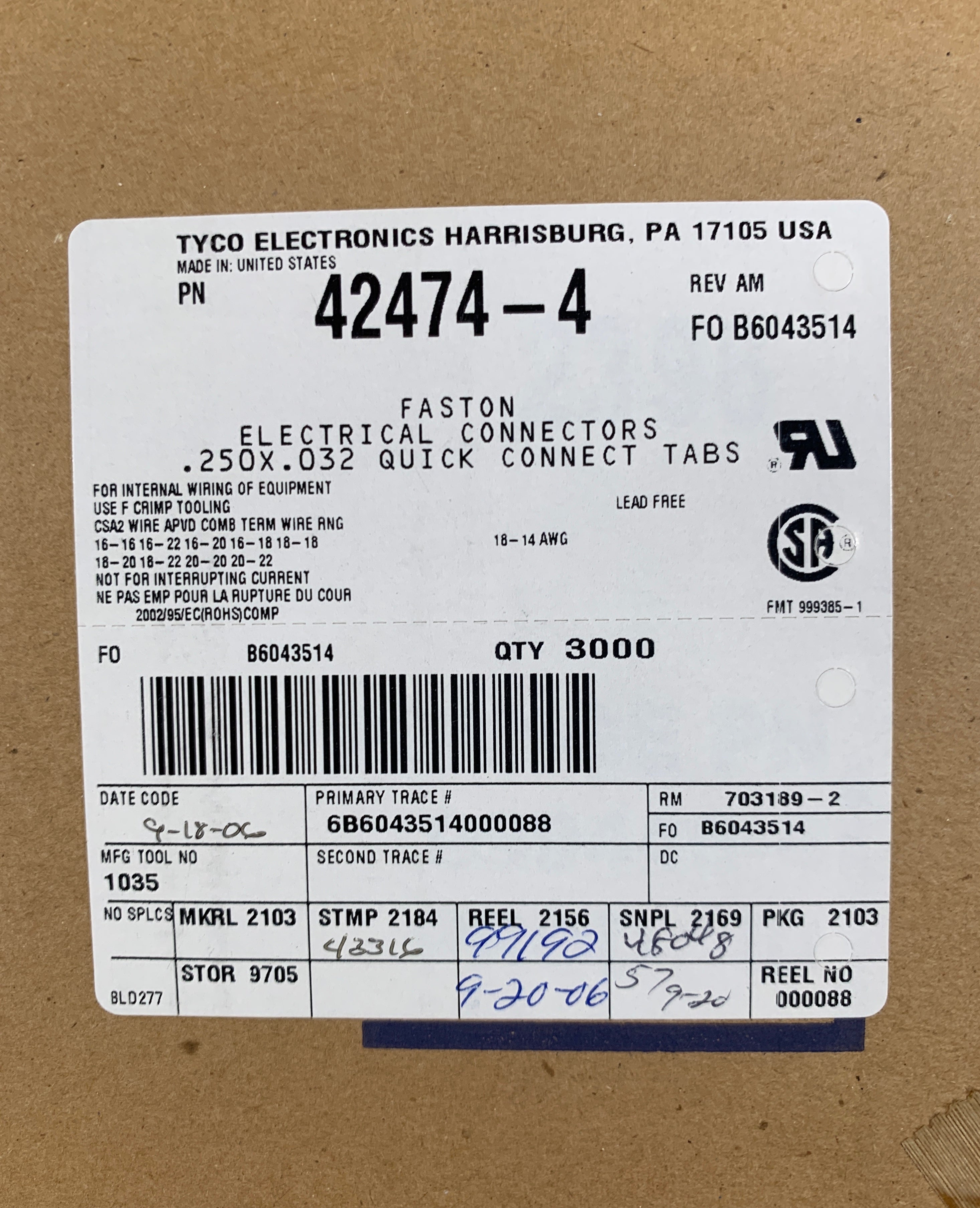 Tyco Quick Connect Tab 42474-4 .250x.032 - Box of 4 Rolls