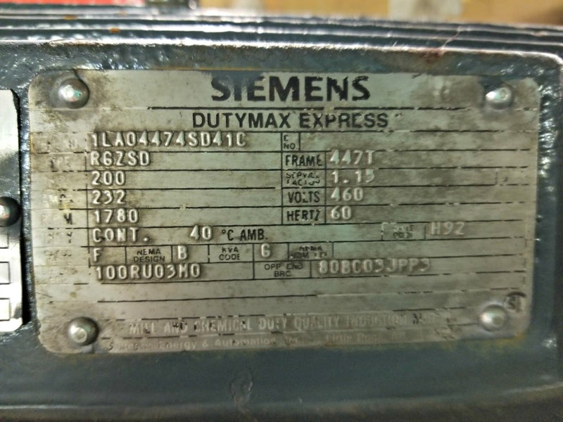 Siemens Dutymax Express Motor 200 HP 1780 RPM 447T 1LA04474SD41C