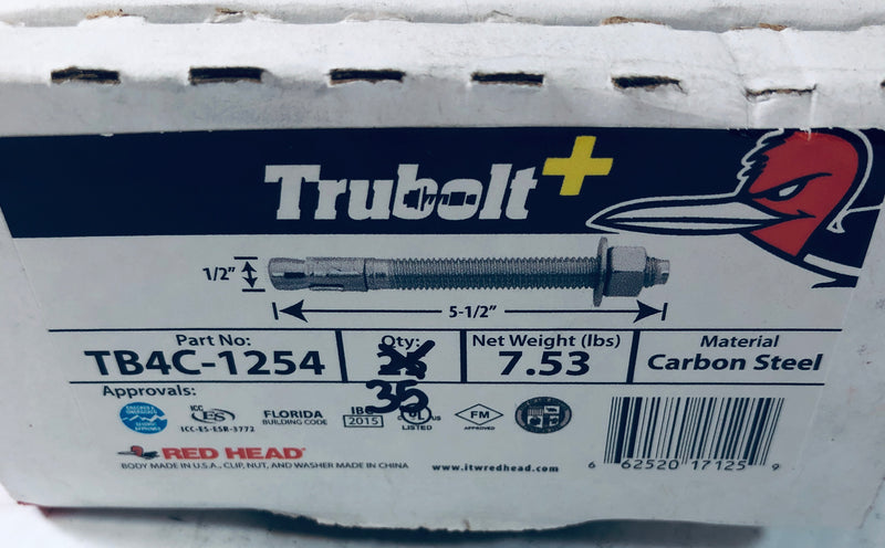 Red Head Trubolt Concrete Anchor TB4C-1254 Carbon Steel (Lot of 35)