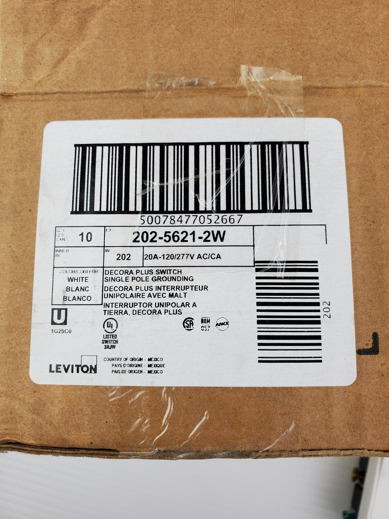 Leviton Decora Plus Switch Single Pole Grounding 202-5621-2W White (Box of 10)
