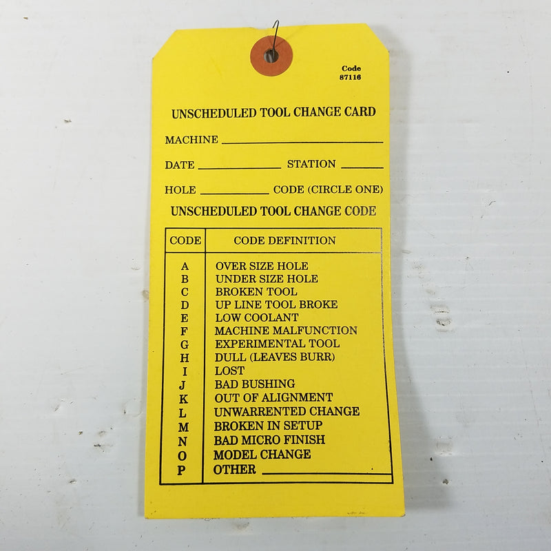 Unscheduled Tool Change Card (Lot of 25)