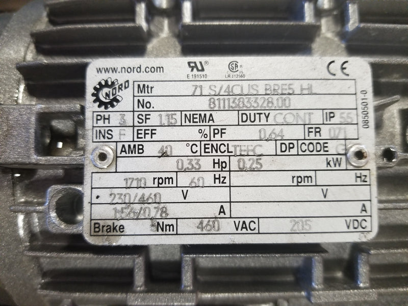 Nord 71 S/4CUS BRE5 HL 1/3HP 3 Phase Motor with 02-71 S/4 CUS BRE5 HL Gearbox