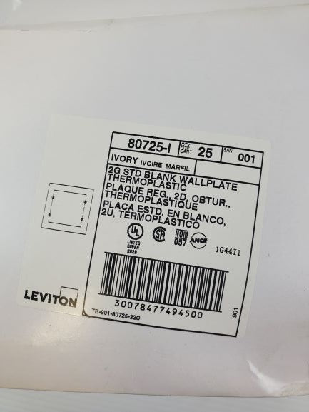 Leviton 80725-I Ivory 2G STD Blank Wallplate Thermoplastic (Box of 19)