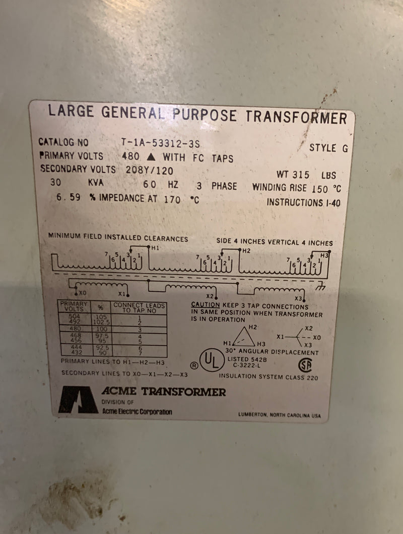 Acme Transformer T-1A-53312-3S 30 KVA 3 PH