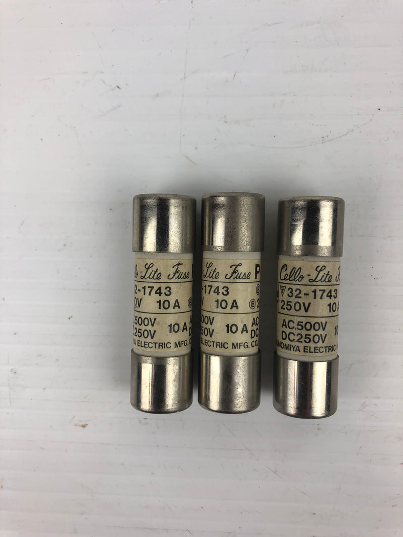 Cello-Lite 32-1743 Fuse 10A 250VDC 500VAC (Lot of 3)