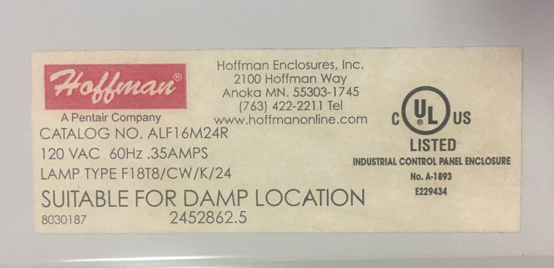 Hoffman Fluorescent Light Fixture ALF16M24R 120VAC 60Hz .35AMPS