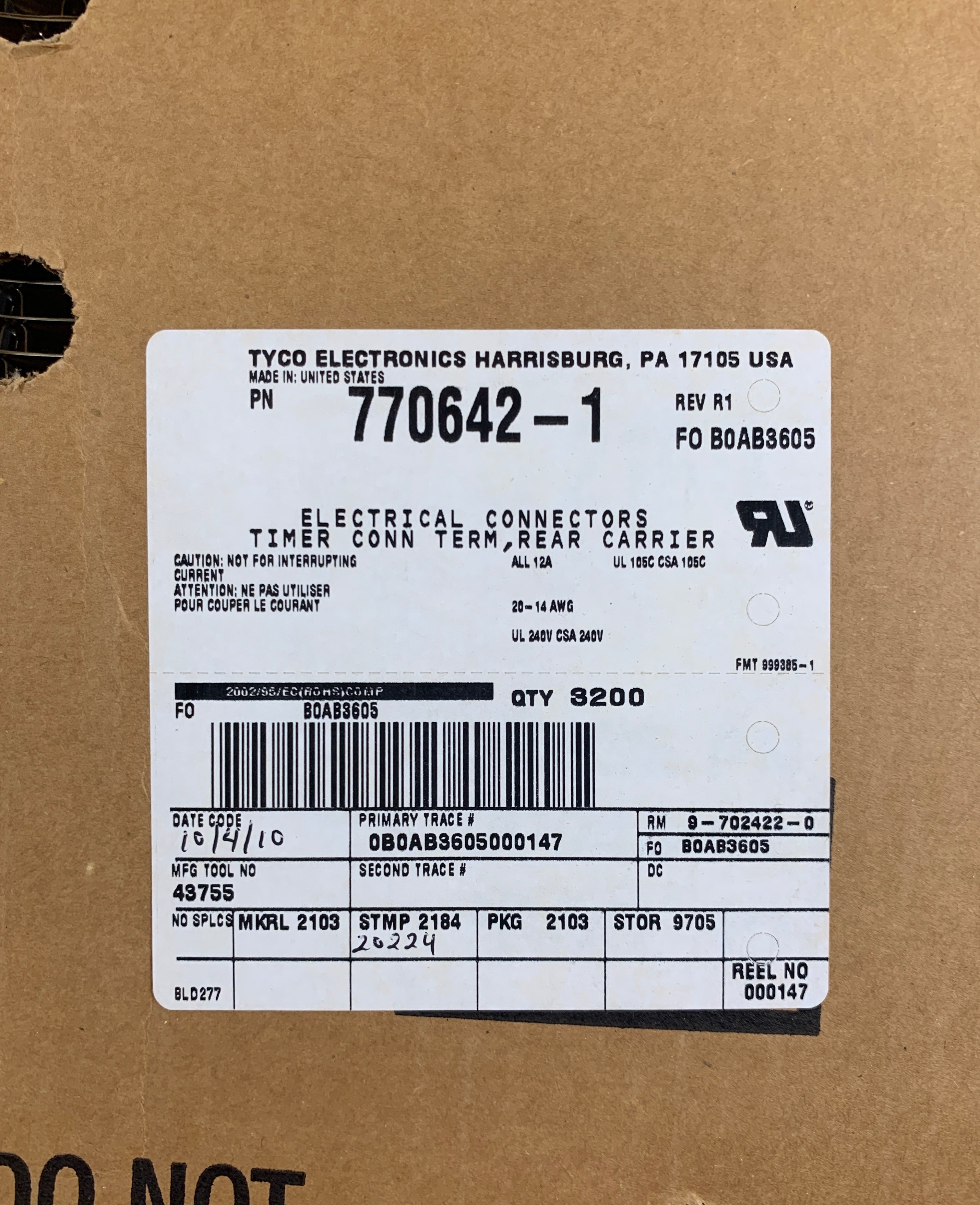 Rolls Tyco Electrical Connectors 770642-1 Box of 3 Rolls