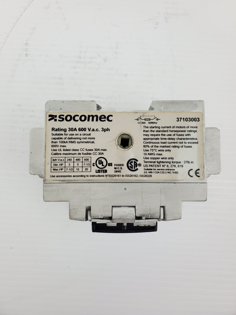 Socomec 37103003 Disconnect Switch Rating 30A 600 VAC 3ph