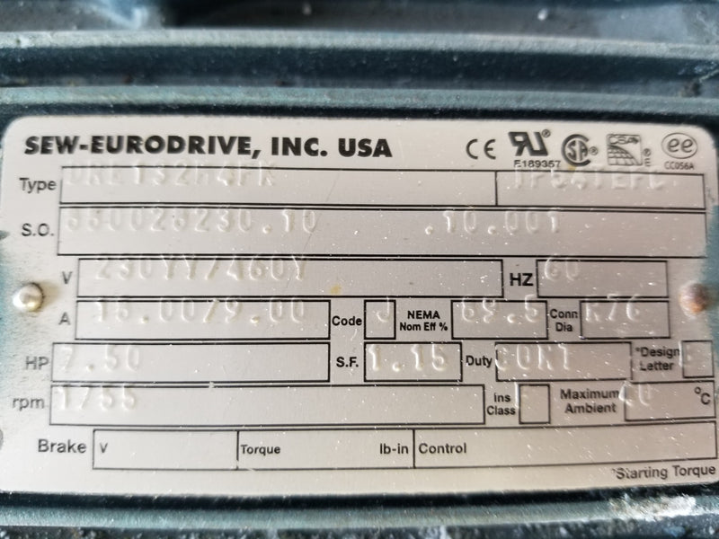 SEW Eurodrive DRE132H4FK 7-1/2HP Servo Motor