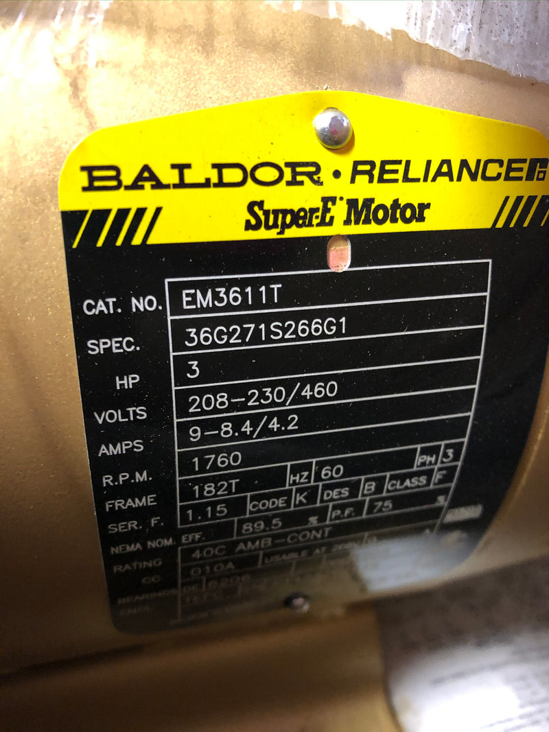 Baldor EM3611T 3HP 3 Phase Electric Motor 1760 RPM 182T Frame