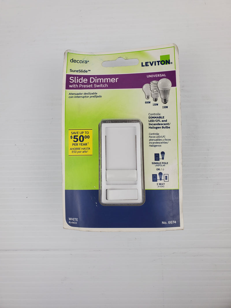 Leviton 6674 Slide Dimmer w Preset Switch Dimmable LED/CFL & Incan Halogen Bulbs