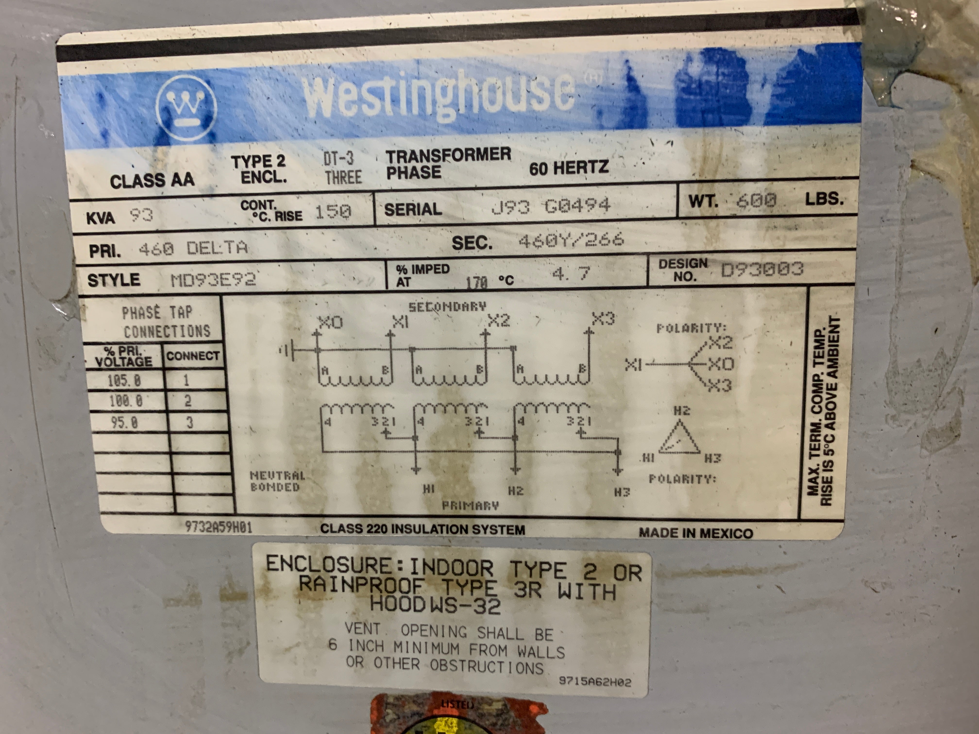 Westinghouse MD93E92 Transformer Type 2 Encl. Class AA 93KVA 3 PH 60Hz