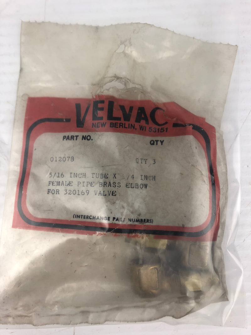 Velvac 012078 5/16" Tubex 1/4" Female Pipe Brass Elbow for 320169 Valve Lot of 2