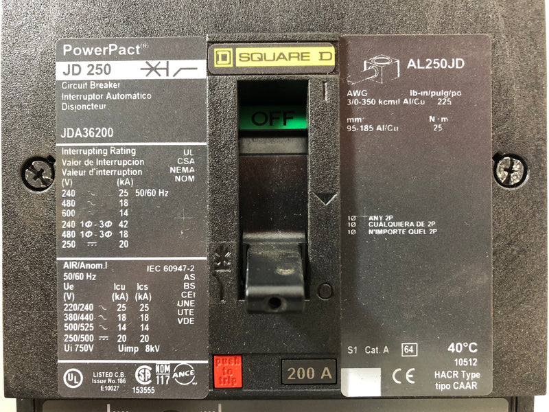 Square D JD 250 PowerPact Circuit Breaker JDA36200