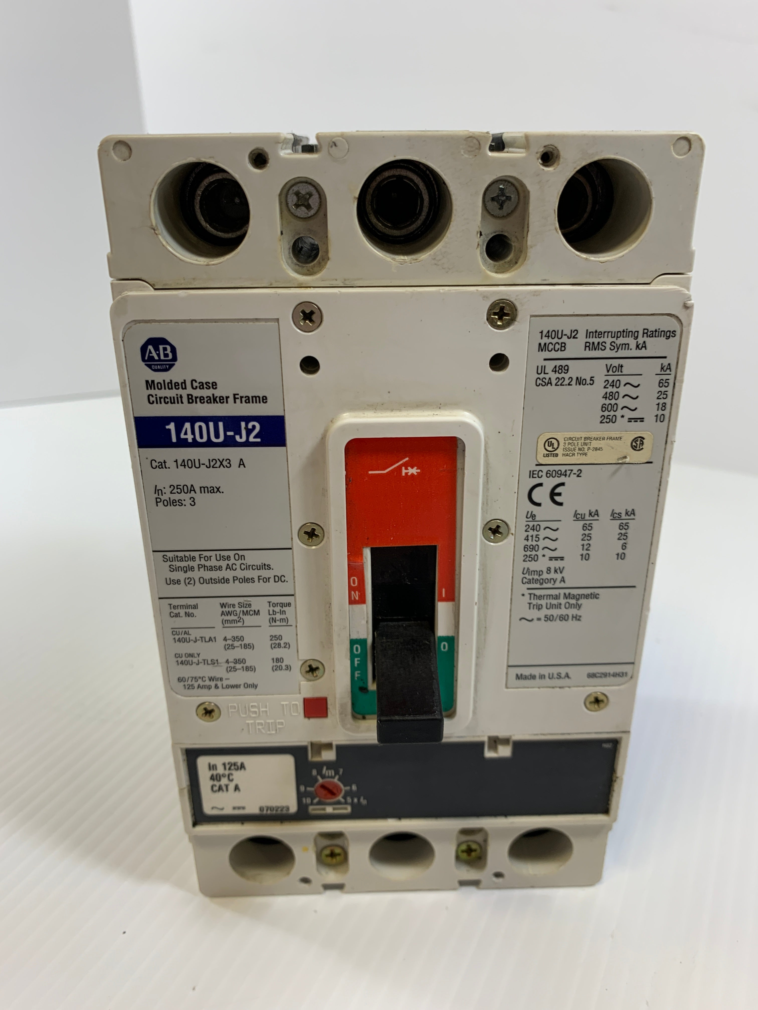 Allen Bradley 140U-J2 Molded Case Circuit Breaker Frame 140U-J2X3-A