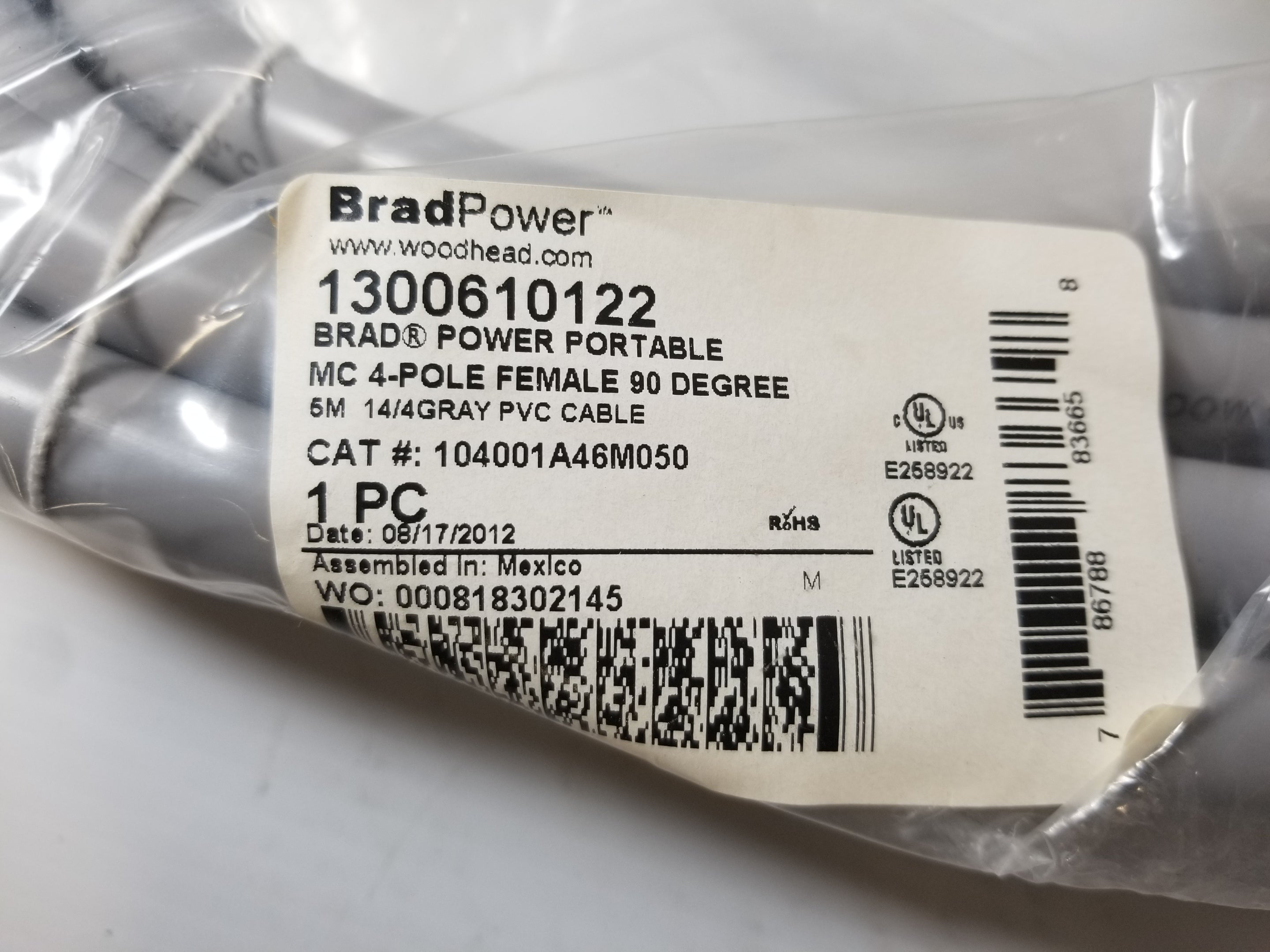 Woodhead Brad Power 1300610122 MC 4-Pole Female 90 Degree Cordset 104001A46M050