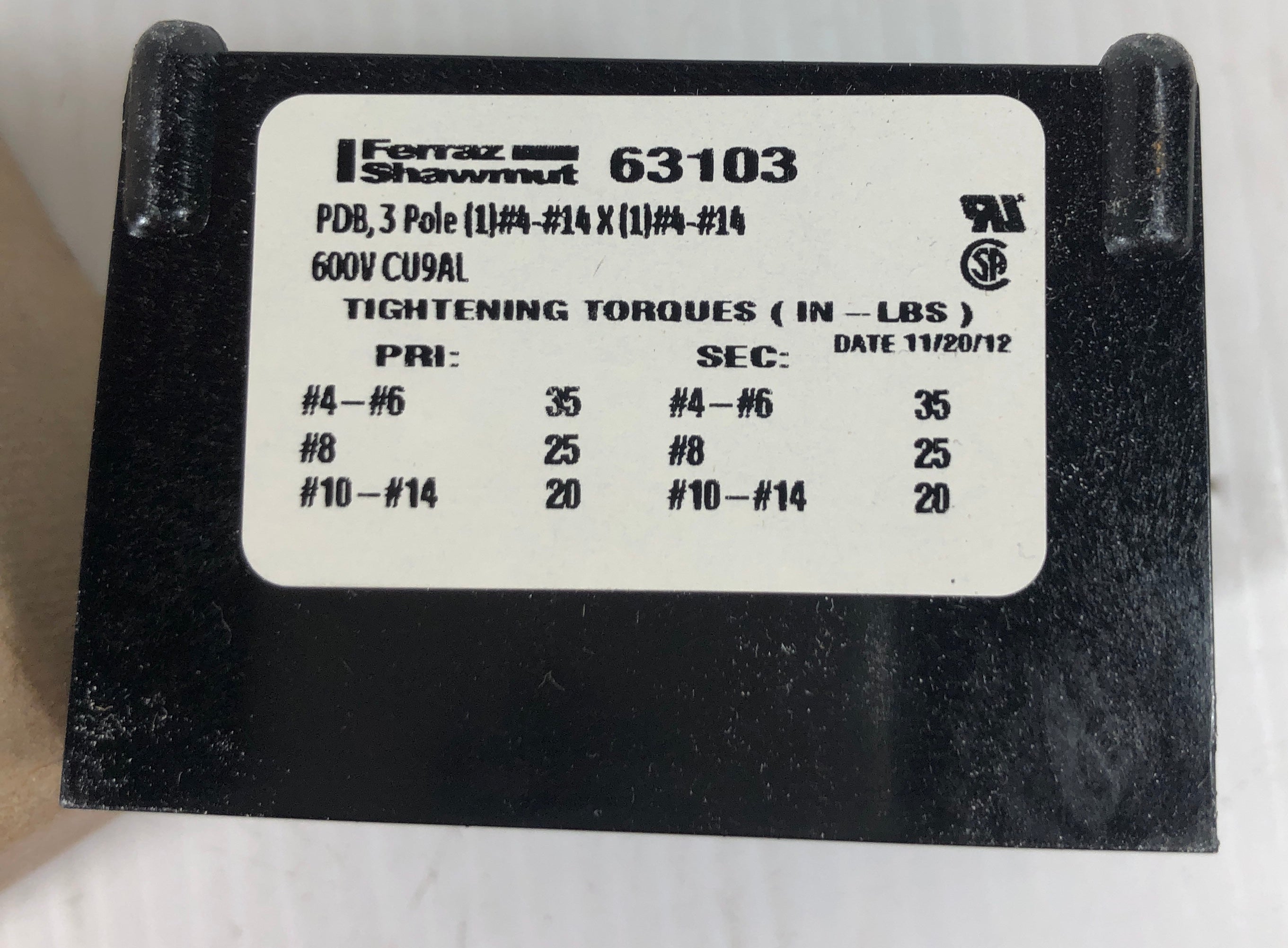 Mersen Ferraz Shawmut 63103 Power Distribution Block 3 Pole 600V