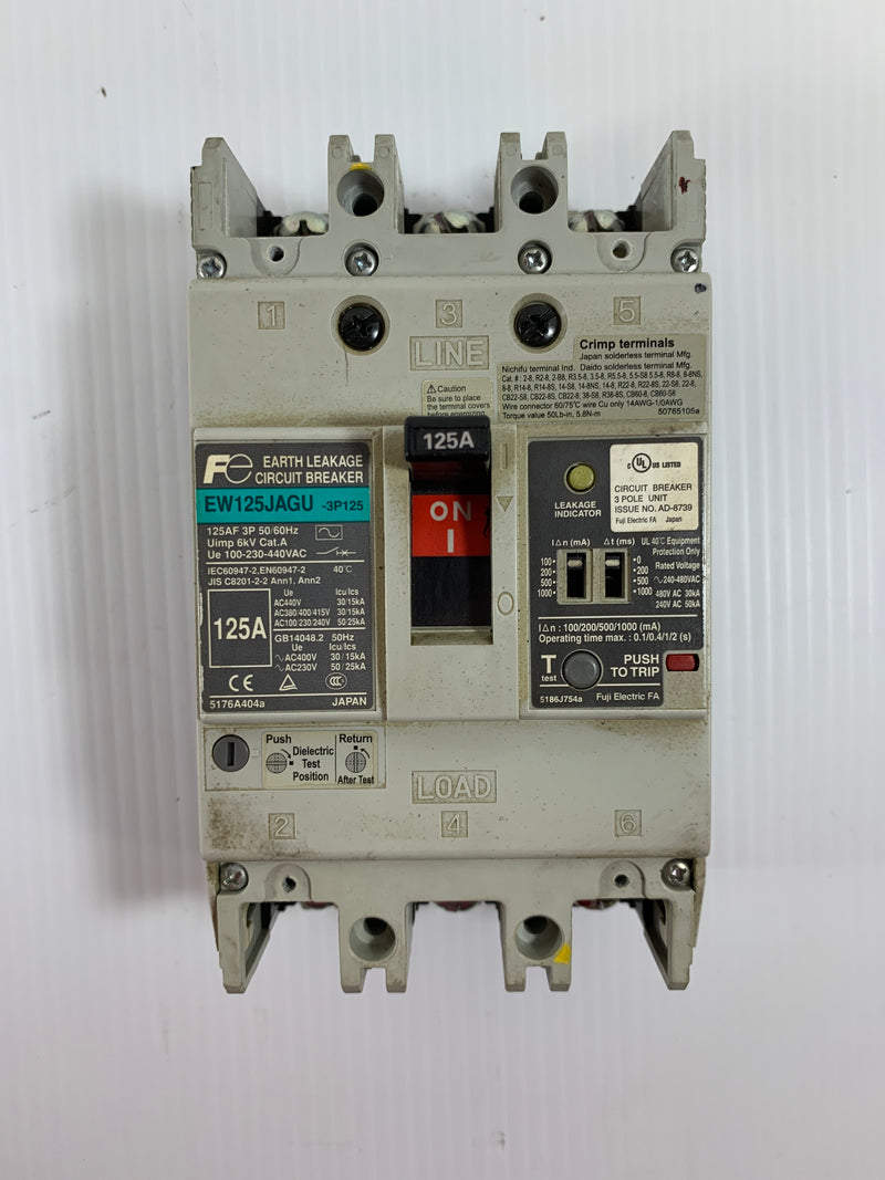 Fuji Electric Earth Leakage Circuit Breaker 125 AMP 3 Pole EW125JAGU