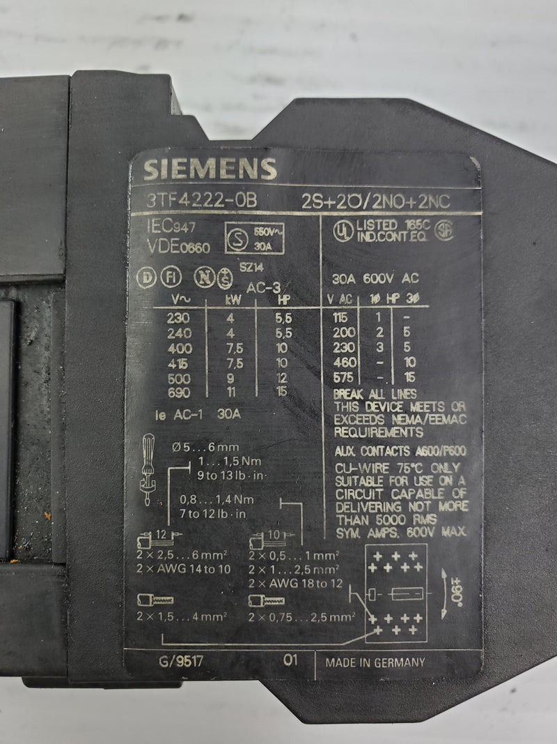 Siemens 3TF4222-0B Contactor 3TF42220B 2S+2O/2N0+2NC G/9517