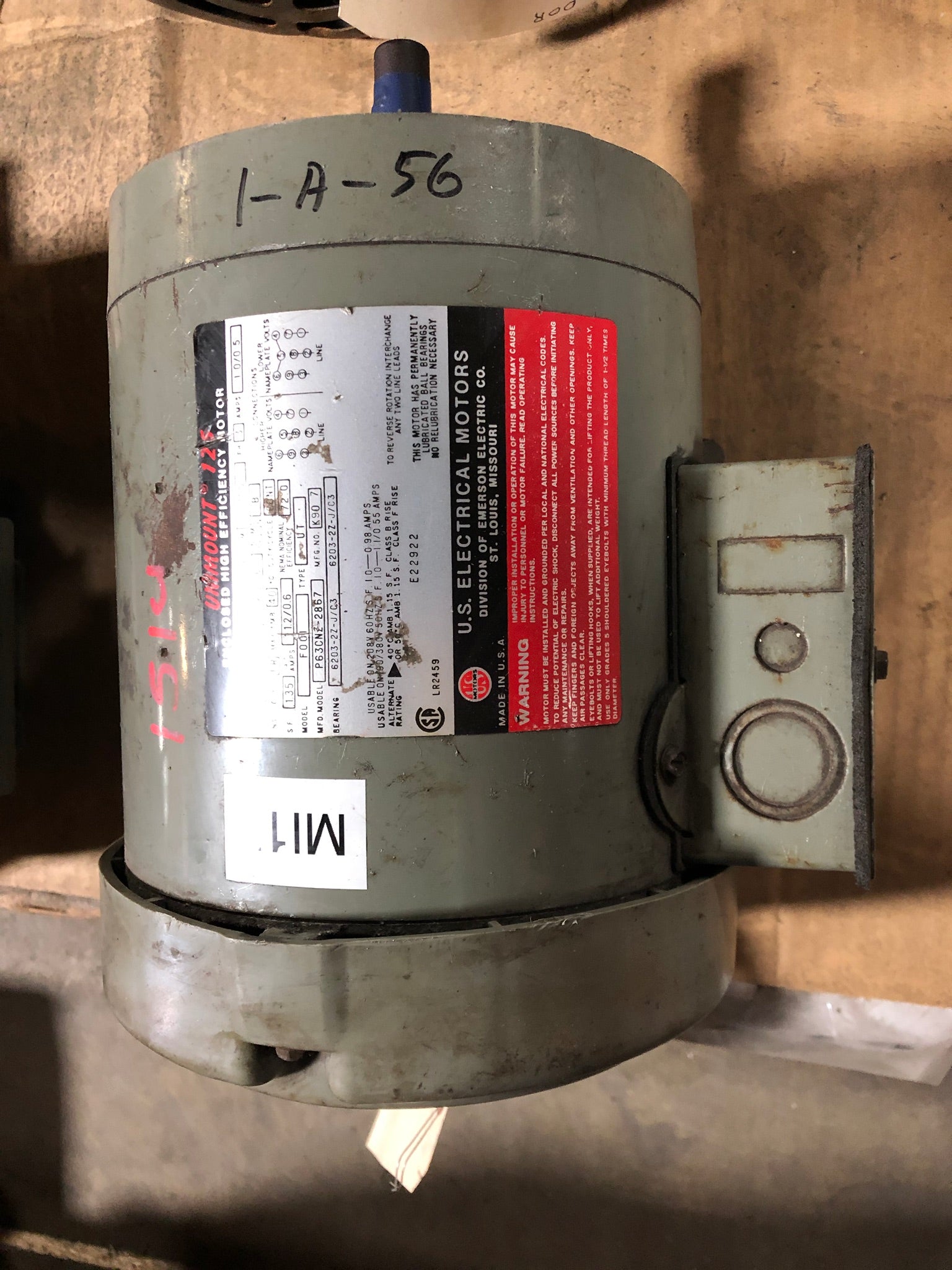 U.S. Electrical P63CNZ-2867 1/4 HP 3 Phase Unimount 125 Motor 1750 RPM