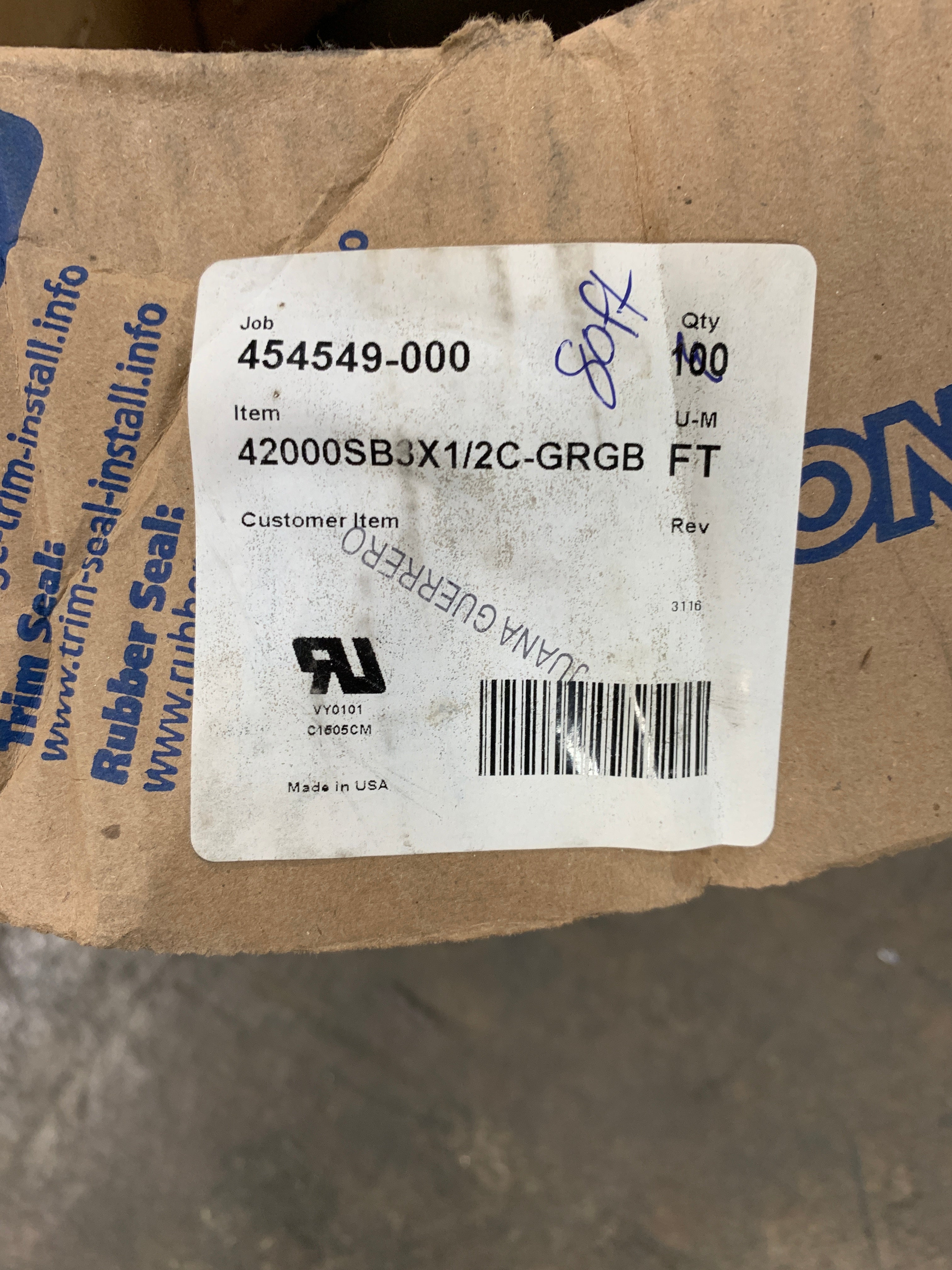Trim-Lok 42000SB3X1/2C-GRGB Rubber Trim Seal - 80 Feet Long