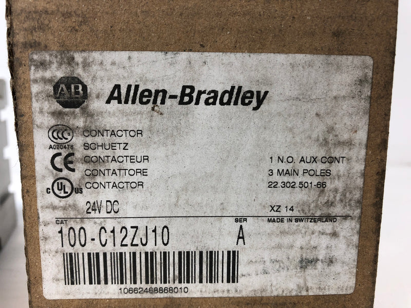 Allen Bradley 100-C12ZJ10 Contactor Ser. A 3 Pole 24 VDC