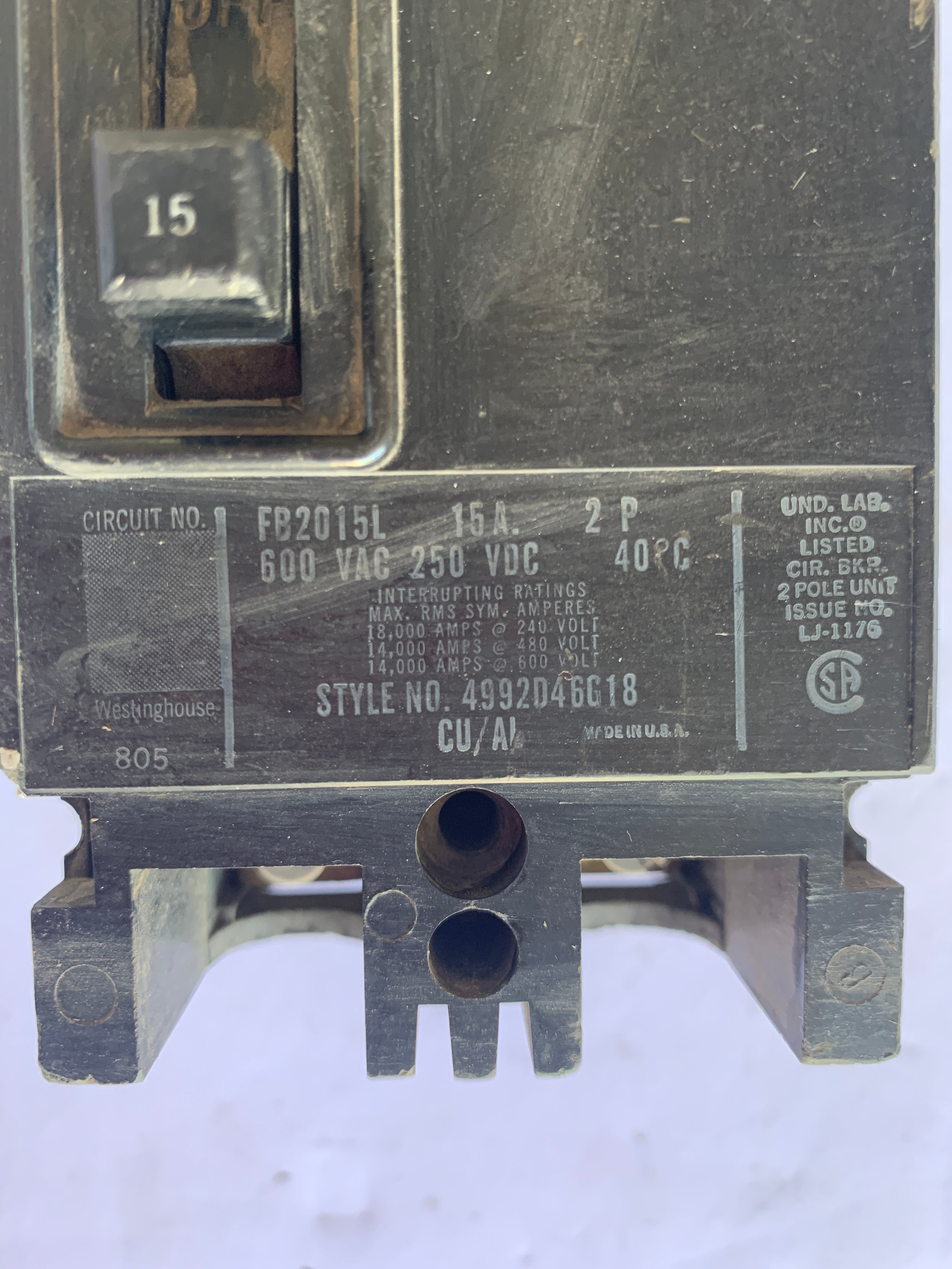 Westinghouse 4992D46G18 Circuit Breaker 2-Pole 15A