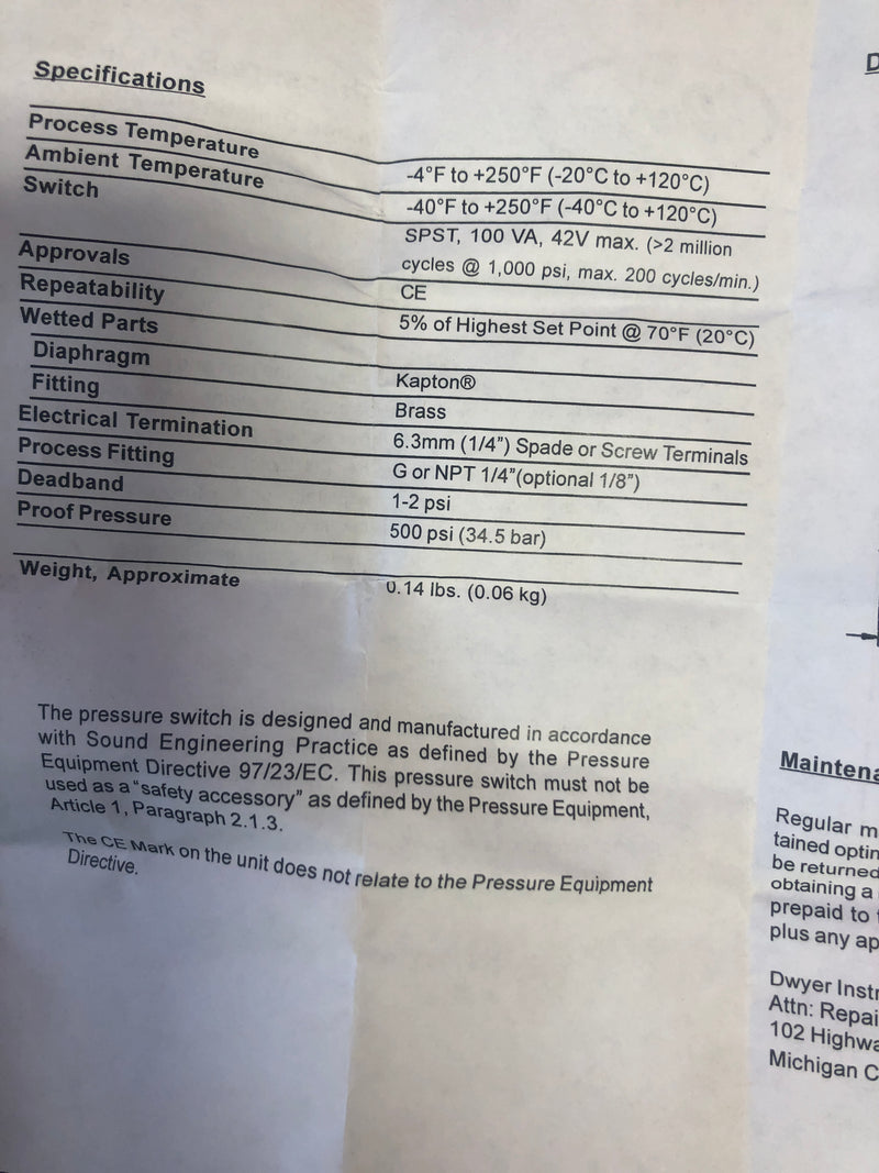Dwyer A2-4801 Subminiature Pressure Switch