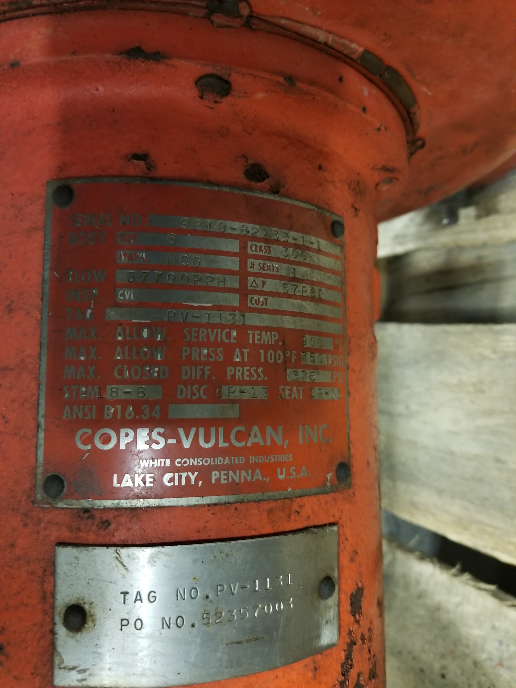 Copes-Vulcan PV-1131 Valve Actuator Class 300 Size 6