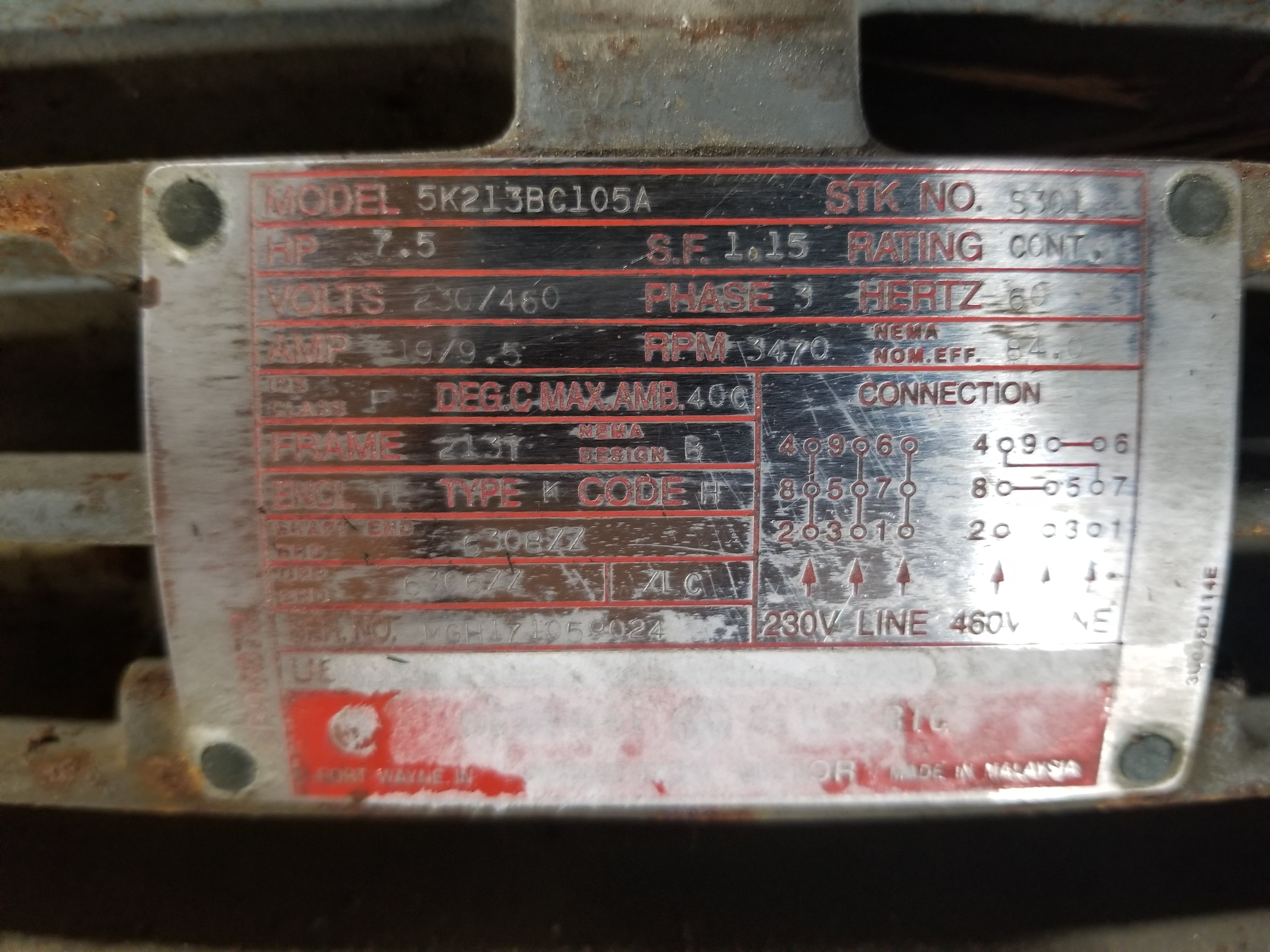 General Electric Motor 5K213BC105A 7.5HP 3 Phase 3470 RPM