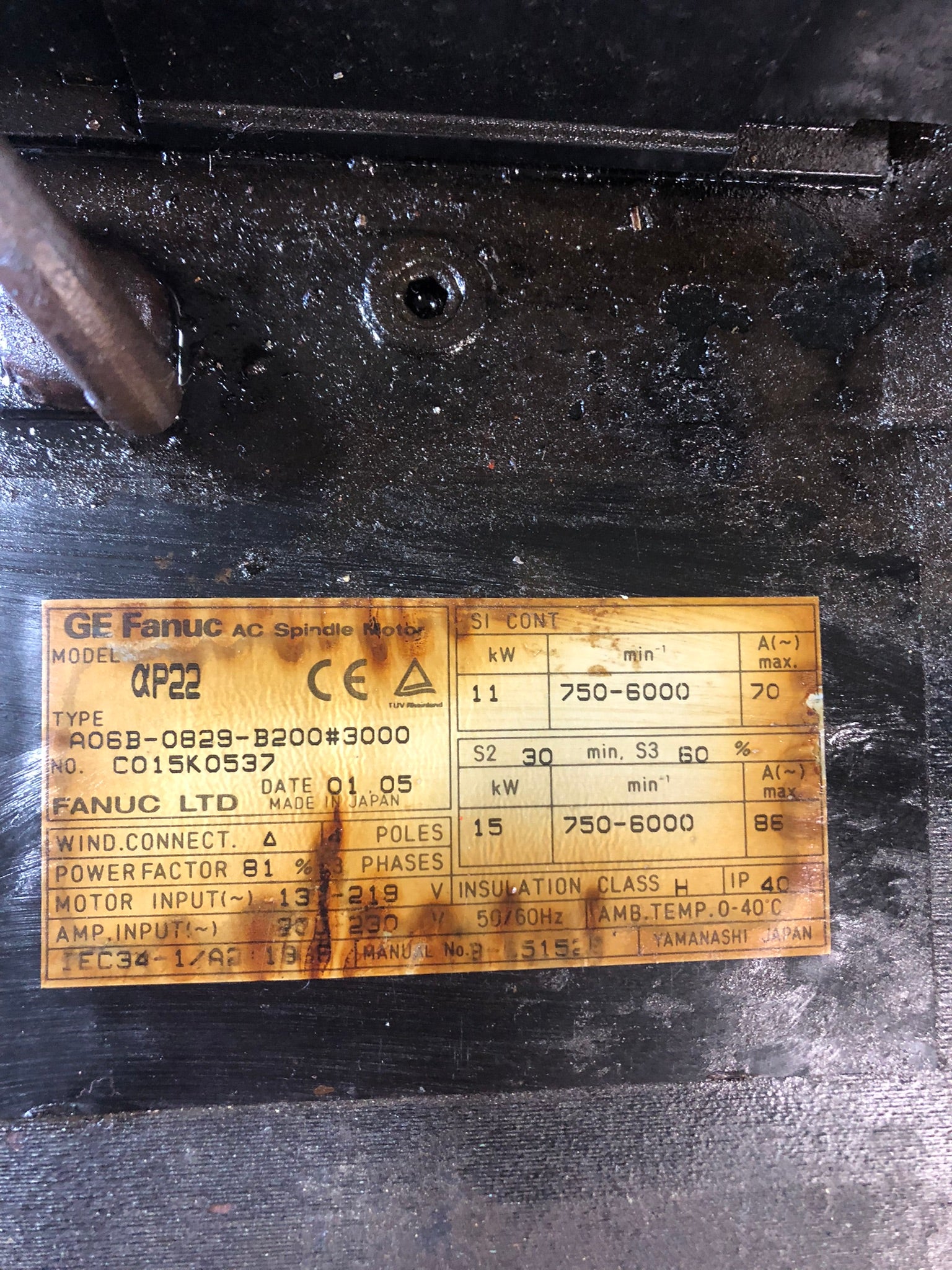 GE Fanuc A06B-0829-B200#3000 aP22 AC Spindle Motor 4P 3PH 50/60Hz