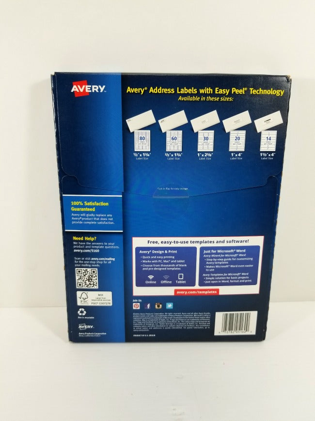 Avery 5160 Easy Peel Address Laser Labels 1" x 2-5/8" White 3000 Count 100 Pgs