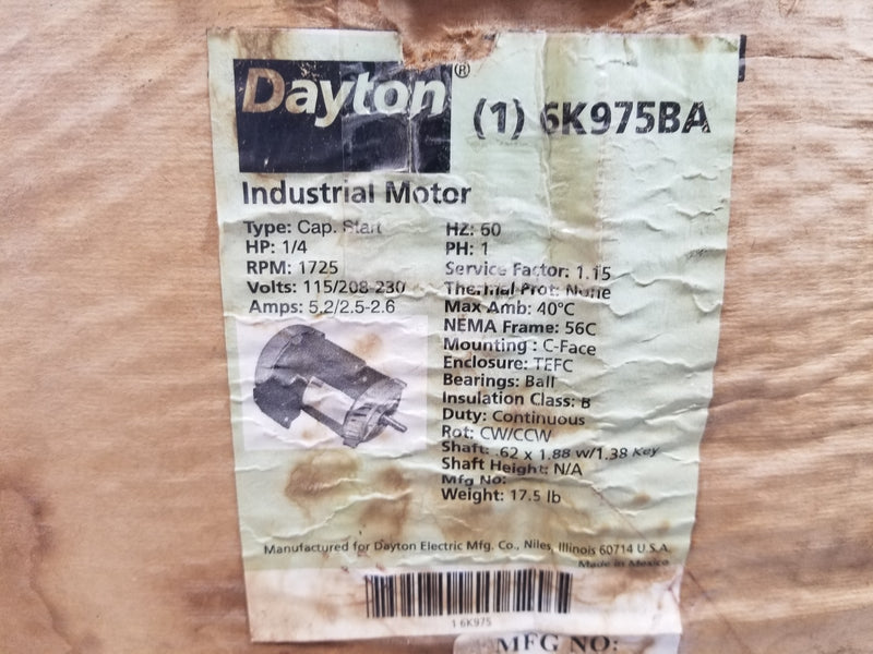 Dayton 6K975BA 1/4HP 1 Phase Capacitor Start Motor 1725 RPM