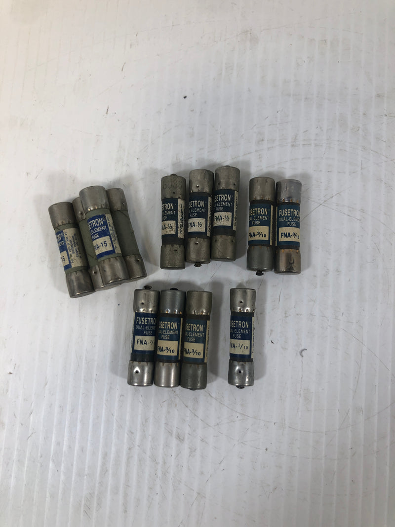 Buss Fusetron Dual Element Fuse FNA 15 FNA 1/2 FNA 2/10 FNA 3/10 Lot of 11