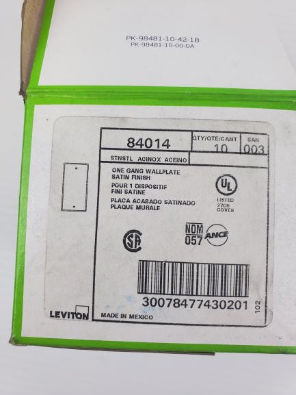 Leviton 84014 Stainless Steel One Gang Wallplate Satin Finish (Box of 10)